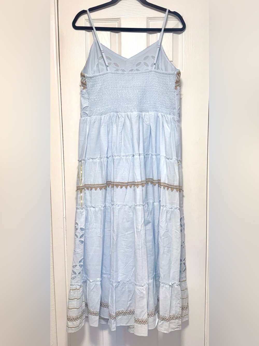 Light Blue Eyelet Midi Dress with Tan Trim - Picture 12 of 12